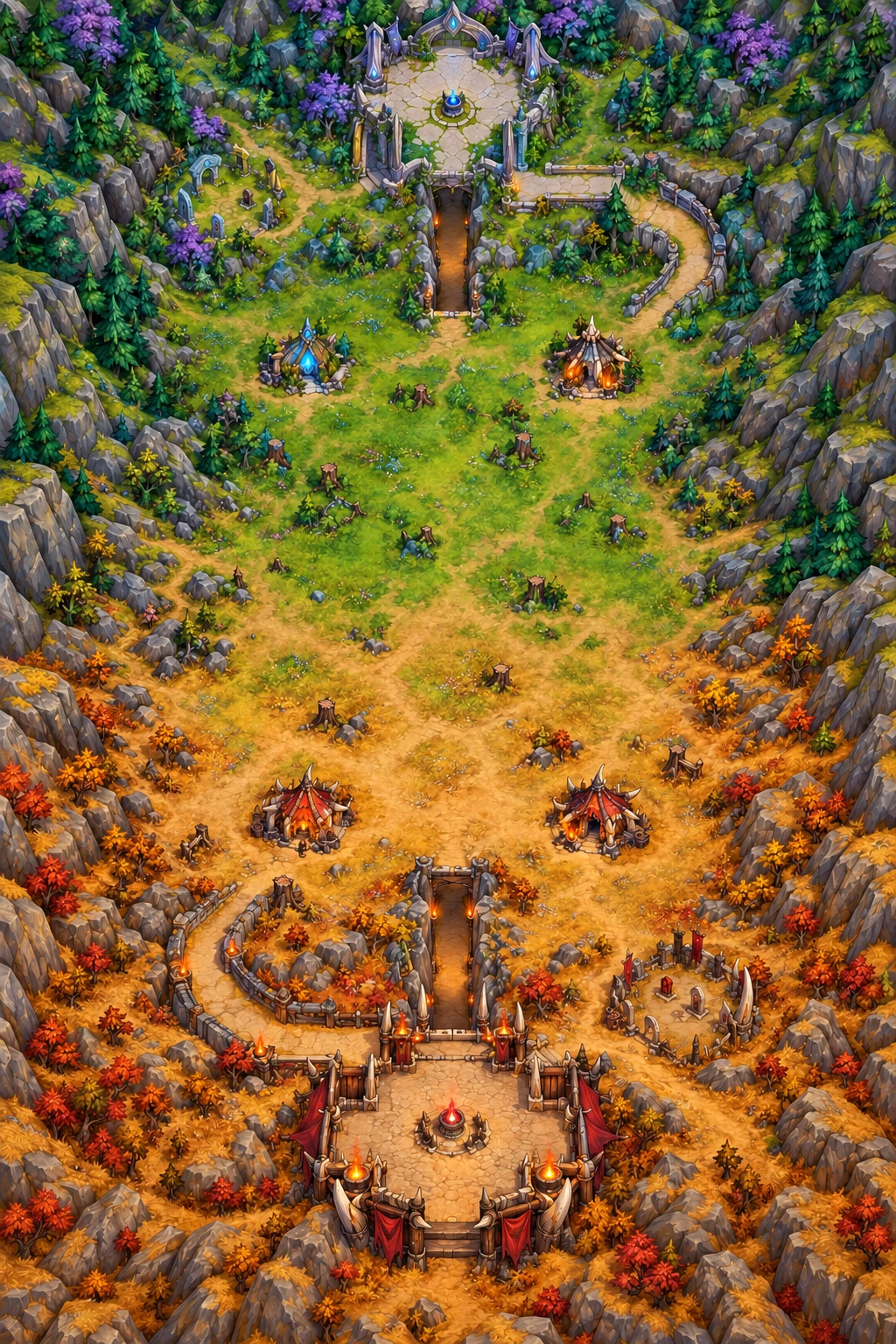 North-south Warsong Gulch layout: Silverwing Hold above midfield, Warsong Lumber Mill below, with tunnels and side ramps